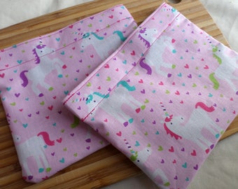 Reusable Washable Snack Bag, Reusable sandwich bag, Eco friendly, In Stock Ready to Ship, "Unicorn and hearts", Get ready for back to school