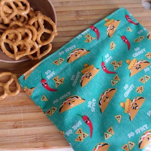 Reusable Washable Snack Bag, Reusable sandwich bags, Eco friendly, In Stock and Ready to Ship, Talking Tacos, Get ready for back to school