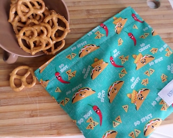 Reusable Washable Snack Bag, Reusable sandwich bags, Eco friendly, In Stock and Ready to Ship, Talking Tacos, Get ready for back to school