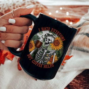 Funny Skeleton Coffee Black Mug, 15oz, Halloween Fall Gothic Witchy Large Coffee Cup, Funny Coffee Mug