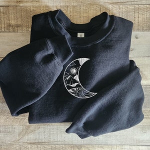Embroidered Mountain in the Moon Unisex Sweatshirt, Hiking Gift, Boho Sweatshirt, Gift for Her, Embroidered Mountain Sweatshirt, Crewneck