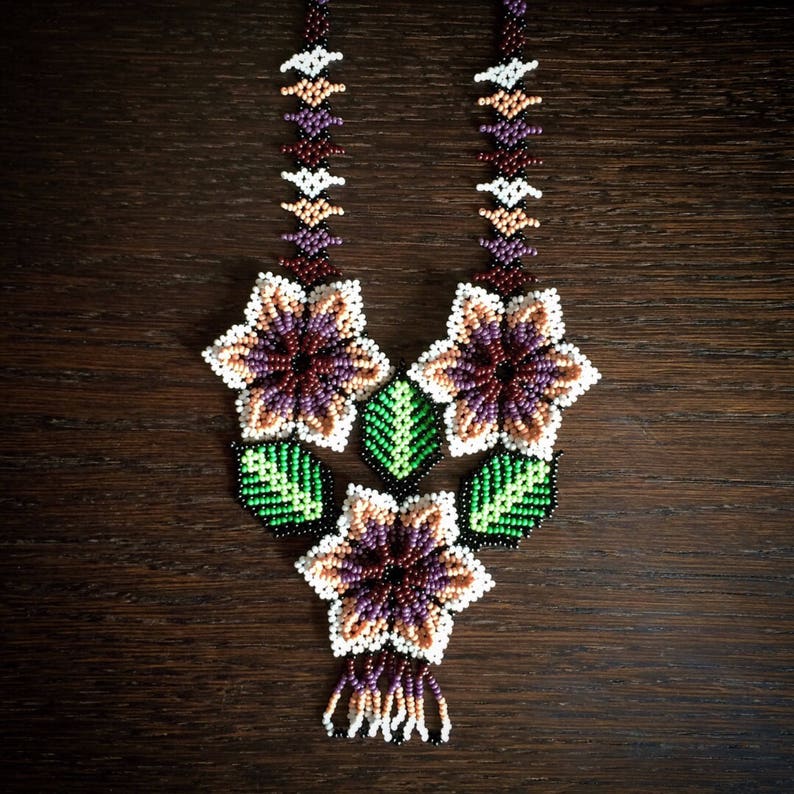 Huichol Beaded Necklace Durazno Flower Necklace