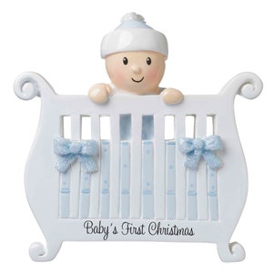BABY BOY in Crib Personalized Christmas Ornament - Baby&#39;s First Ornament - Hand Personalized Christmas Ornament