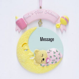 Baby&#39;s First Christmas Ornament, Moon and Teddy Bear, Personalized Gift