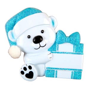 Baby Bear Hold Present Personalized Christmas Ornament Blue/Baby&#39;s 1st Christmas / Baby&#39;s First Christmas Ornament / New Baby Ornament