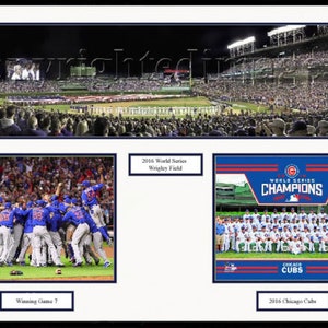 May include: A collage of photos celebrating the 2016 Chicago Cubs World Series victory. The top photo shows a night game at Wrigley Field with the crowd cheering. The bottom left photo shows the team celebrating on the field after winning game 7. The bottom right photo shows the team posing for a photo with the World Series Champions banner.