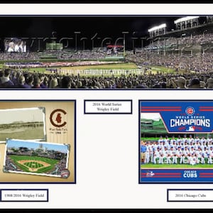 May include: A collage of images celebrating the Chicago Cubs 2016 World Series win. The top image shows a night game at Wrigley Field with a packed crowd. The bottom left image shows a historical photo of Wrigley Field from 1908 and a modern photo of the stadium. The bottom right image shows the 2016 Chicago Cubs team celebrating their World Series victory.