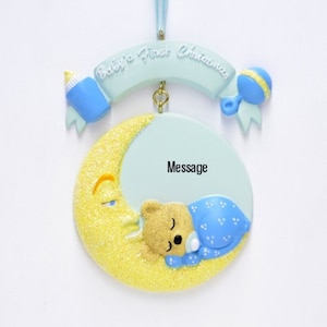 Baby&#39;s First Christmas Ornament, Sleeping Bear on Moon, Personalized Gift