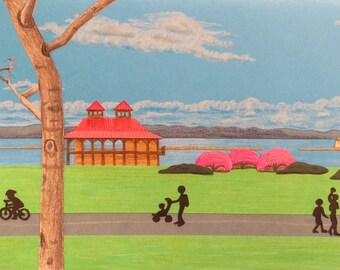 Burlington Vermont Waterfront Art Card, Cut Paper Bike Path, Blank Greeting