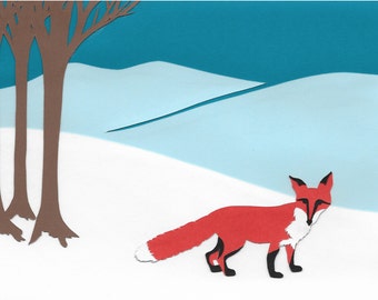Fox Greeting Card – Wintry Mountain Scene Paper Art