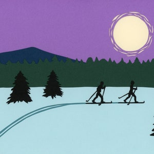 Moonlight Ski.  Greeting Card.  Skiing.  Cut paper. Ski Card. Art card. Full Moon.  Blank Card