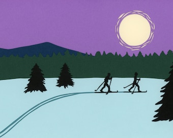 Moonlight Ski Greeting Card, Cut Paper Art