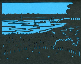 Sheepscot River Maine Greeting Card, Cut Paper Art (Recycled)