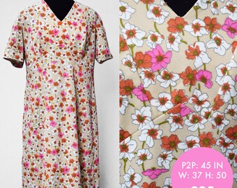 Volup Vintage 1970s Taupe Day Dress with Pink, White and Red Flowers, 45in Bust (XL)