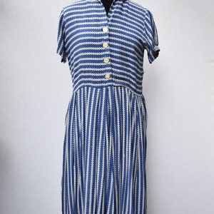 Vintage 1950s Blue Tea Dress with Embroidered Ring Stripe Pattern, 38in Bust (M)