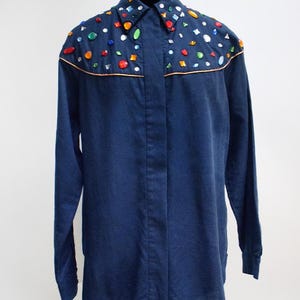 Vintage Volup 1980s Denim Shirt with Gem Embellished Yoke, 44in Bust (L)