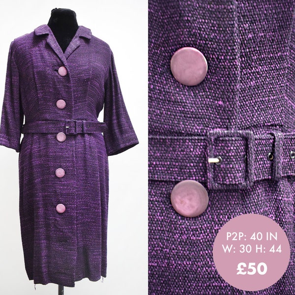 Vintage 1950s Purple Textured Dress With Front Buttons and Belt, 40in Bust (M)