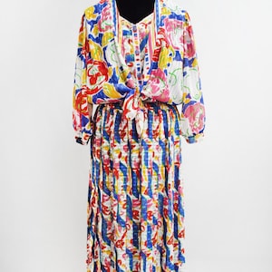 Volup Vintage 1980s Multicoloured Abstract Floral Kanga Dress with Bolero Attached, 44in Bust (L)