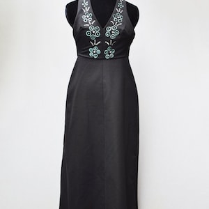 Vintage 1970s Black Halter Neck Dress with Glitter Floral Motifs, 26in Waist (XS)