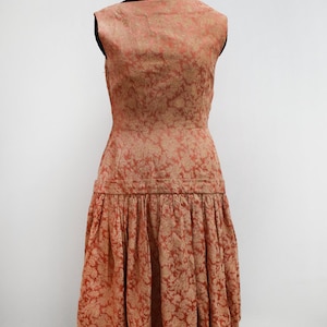 Vintage 1940s Coral and Gold Brocade Cocktail Dress with Dropped Waist, 36in Bust (S)