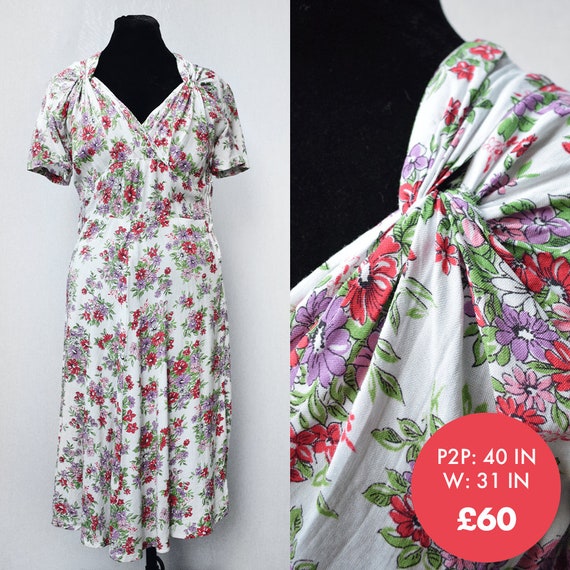 Vintage 1950s White Floral Tea Dress with Twist Neckl… Gem