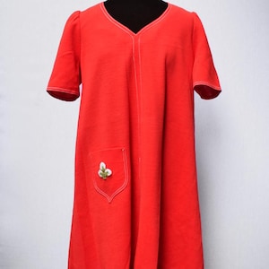 Volup Vintage 1960s Red A-line Dress with Embroidered Flower on Pocket, 43in Bust (L)