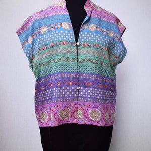 Vintage 1970s Multicoloured Ethnic Striped Shirt with Mandarin Collar, 44in Bust (L)