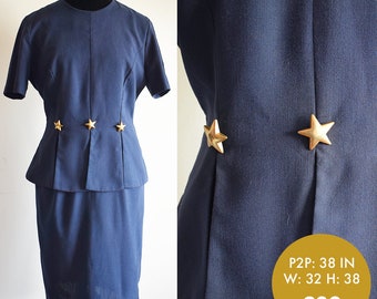 Vintage 1980s Navy Peplum Dress with Gold Stars, 38in Bust (M)