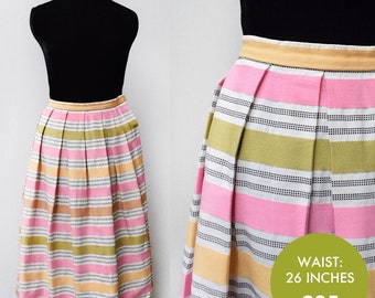 Vintage 1950s Pastel Coloured Striped Skirt, 26in Waist (S)