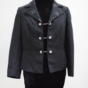 Vintage 1960s Black Peplum Blazer with Patterned Collar, 36in Bust (M)