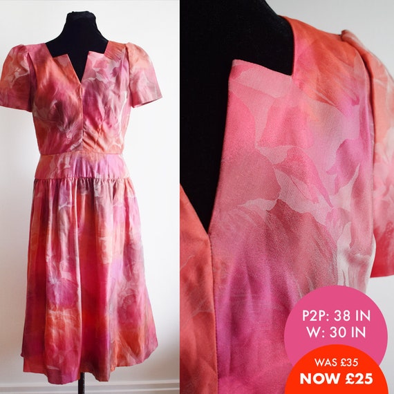 SALE! Vintage 1980s Pink and Orange Floral Dress,… - image 1