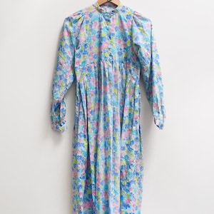 Vintage 1970s Turquoise Prairie Dress with Green and Pink Flowers, 34in Bust (XS)