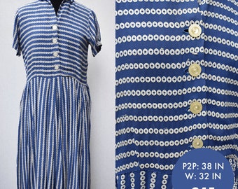 Vintage 1950s Blue Tea Dress with Embroidered Ring Stripe Pattern, 38in Bust (M)