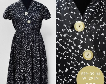 Vintage 1950s Black Abstract Pattern Tea Dress with Big Buttons, 39in Bust (M)