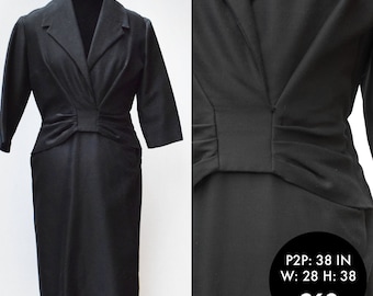 Vintage 1960s Black Collared Cocktail Dress with Wrap and Gathered Front, 38in Bust (M)