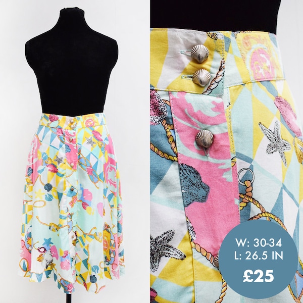 Volup Vintage 1980s Multicoloured Novelty Print Skirt with Seashell Buttons, 30-34in Waist (L)