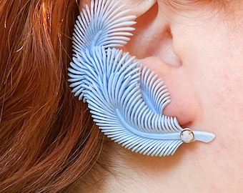 Vintage 1950s Blue Plastic Feather Earrings