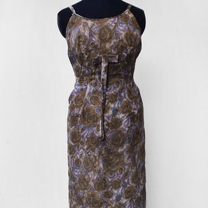 Vintage 1950s Purple and Brown Floral Strappy Wiggle Dress with Front Bow, 33in Bust (S)