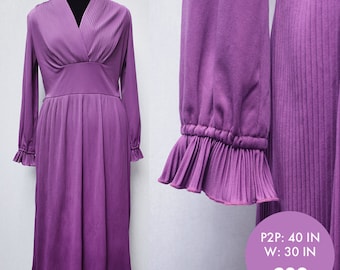 Vintage 1970s Purple Cocktail Dress with Pleated Wrap Front and Skirt, 40in Bust (M)