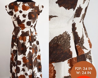 Vintage 1950s White and Brown Floral Dress with Peplum Waist, 24 inch waist (XS)