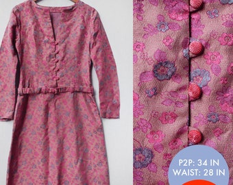 VENTE! vintage 1960s Pink Floral Jacquard Belted Dress, 34in Bust (XS)