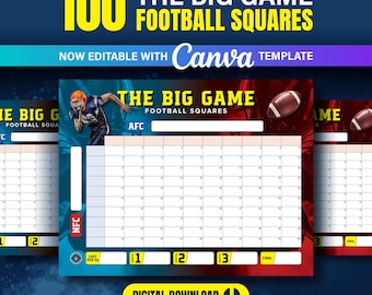 Puede incluir: Una plantilla digital para "The Big Game Football Squares". El diseño presenta un gráfico de jugador de fútbol, balones de fútbol y una cuadrícula para rastrear los resultados del juego. La plantilla es editable con Canva e incluye el texto "Descarga digital".