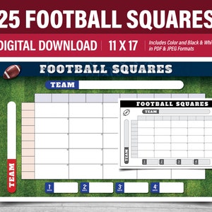 Football Squares - 25 Squares - 11x17
