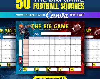 Puede incluir: Una plantilla digital para "The Big Game Football Squares". El diseño presenta un jugador de fútbol americano, balones de fútbol y una cuadrícula para rastrear los resultados del juego. La plantilla es editable con Canva e incluye el texto "50 Football Squares".