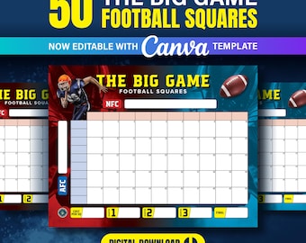 Puede incluir: Una plantilla digital para "The Big Game Football Squares". El diseño presenta un jugador de fútbol americano, balones de fútbol y una cuadrícula para seguir el juego. La plantilla es editable con Canva e incluye el texto "Descarga digital".