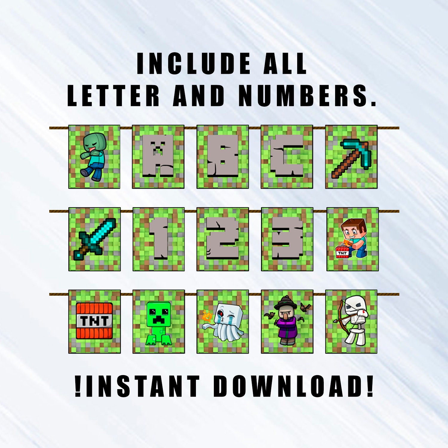 minecraft birthday banner party printable includes all letters etsy