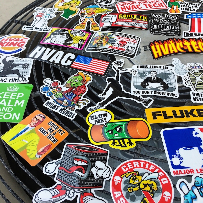 May include: A collection of colorful stickers featuring various designs, including a cartoon character holding a wrench, a cartoon bee, and a cartoon monster. The stickers have text such as "HVAC", "Must HVAC!" and "Blow Me!"