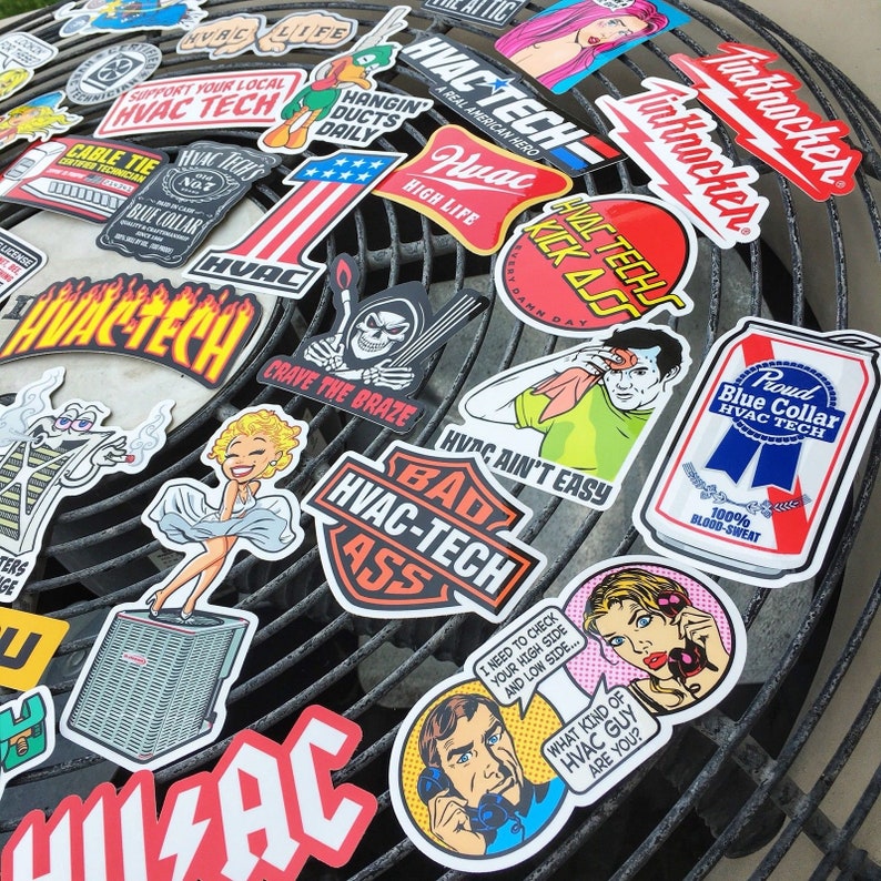 May include: A collection of colorful stickers featuring various designs and slogans related to HVAC, including "HVAC Tech", "Hangin' Ducts Daily", "High Life", "HVAC Ain't Easy", and "Bad HVAC-Tech Ass".