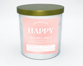 Happy Citrus Grapefruit & Mango Scented Candle | Uplifting Mantra Intention Candle | Natural Soy Wax, Toxin Free, Clean Scent