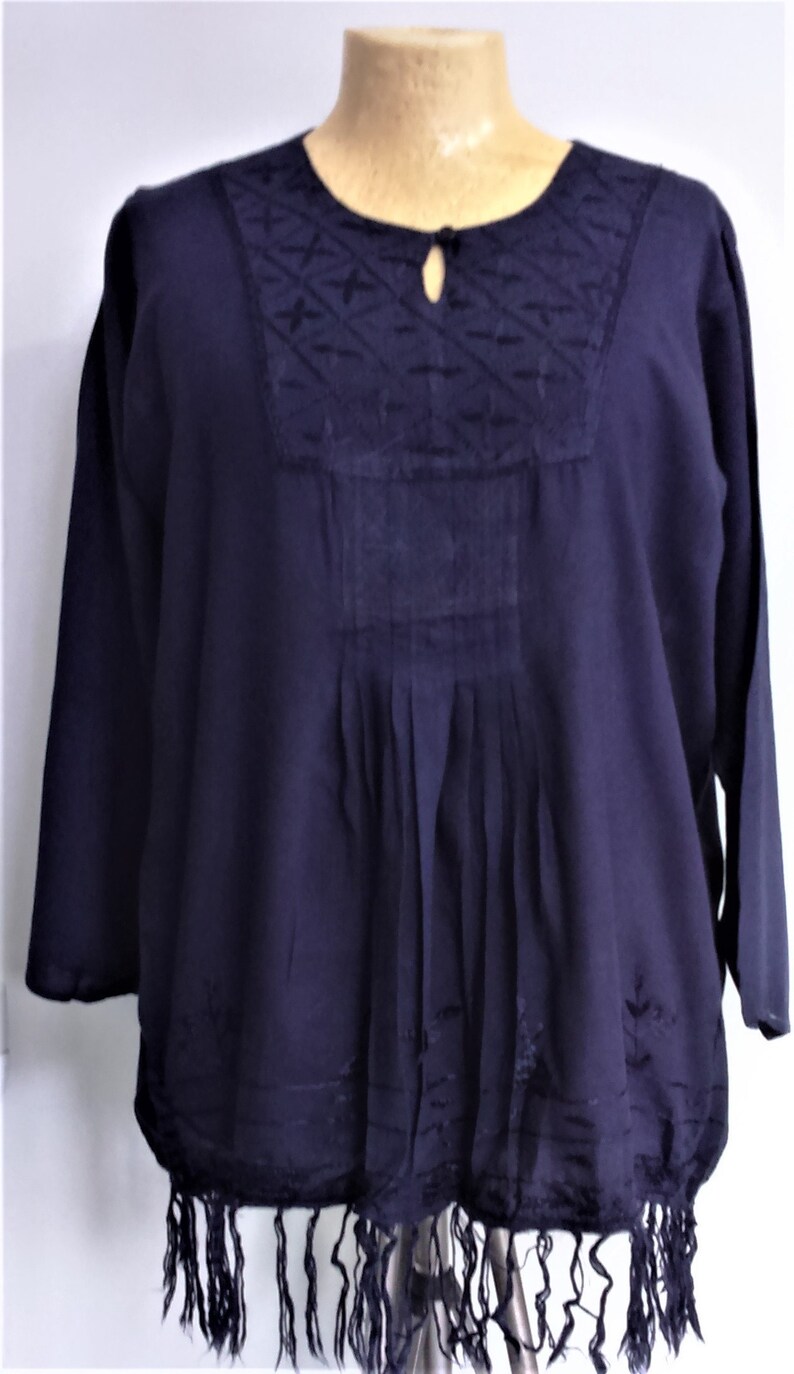 BRAND NEW Vintage Fringed Tunic top 5 Colours Embroidered Yolk UK Size 10 12 14 16 18 Black Brown Acid Wash Charcoal Denim Tan Navy Blue